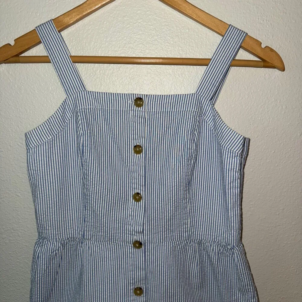J. Crew Button Front‎ Blue White Striped Seersucker Dress Size 0